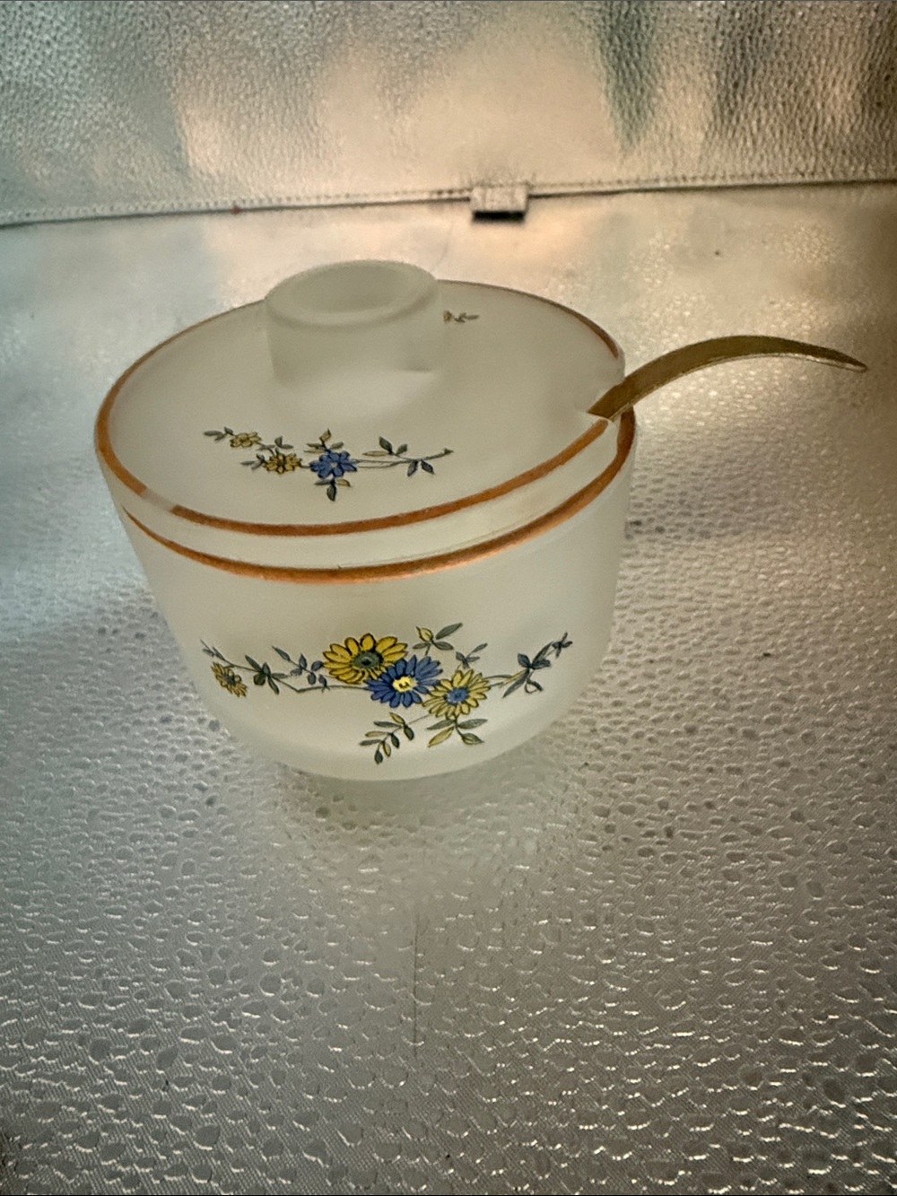Vintage Frosted Glass Sugar Bowl with Lid and Spoon - Floral Design